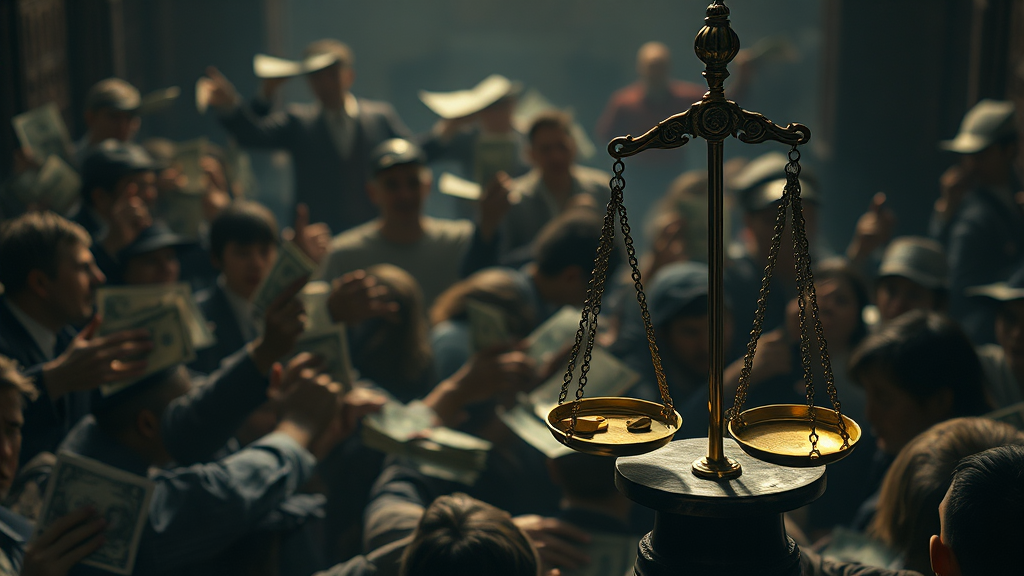 불평등과 불안이 부추기는 가짜 정의 (realistic 스타일)