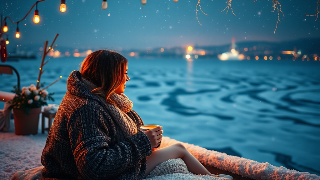 겨울 바다 여행: 낭만적인 겨울 바다 (realistic 스타일)