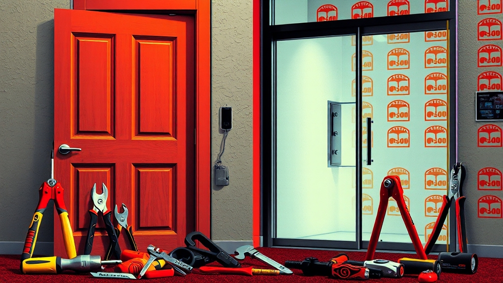 상가 현관문 도어락 설치 단계별 과정 (popart 스타일)