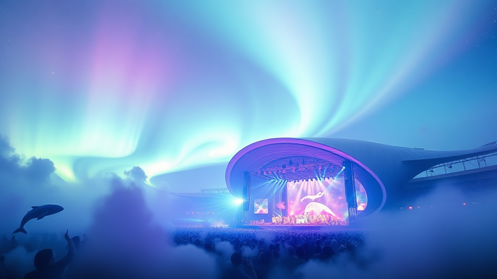 인스파이어 아레나: 초대형 공연의 세계 (watercolor 스타일)