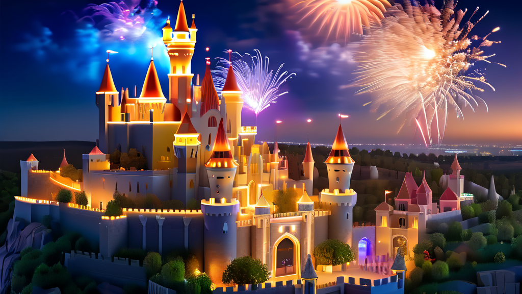 레고랜드 야간 개장 및 불꽃놀이, 잊지 못할 추억 만들기 (realistic 스타일)