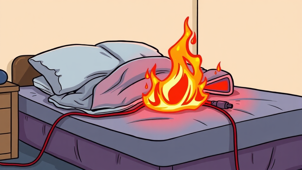 전기장판 화재 원인 분석 (cartoon 스타일)