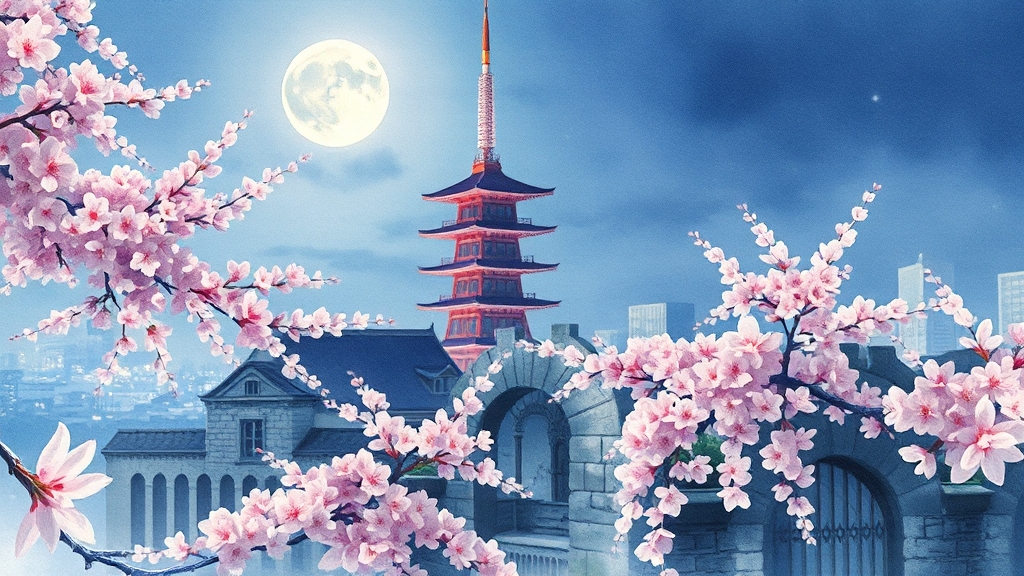 후쿠오카 주요 관광 명소 (watercolor 스타일)