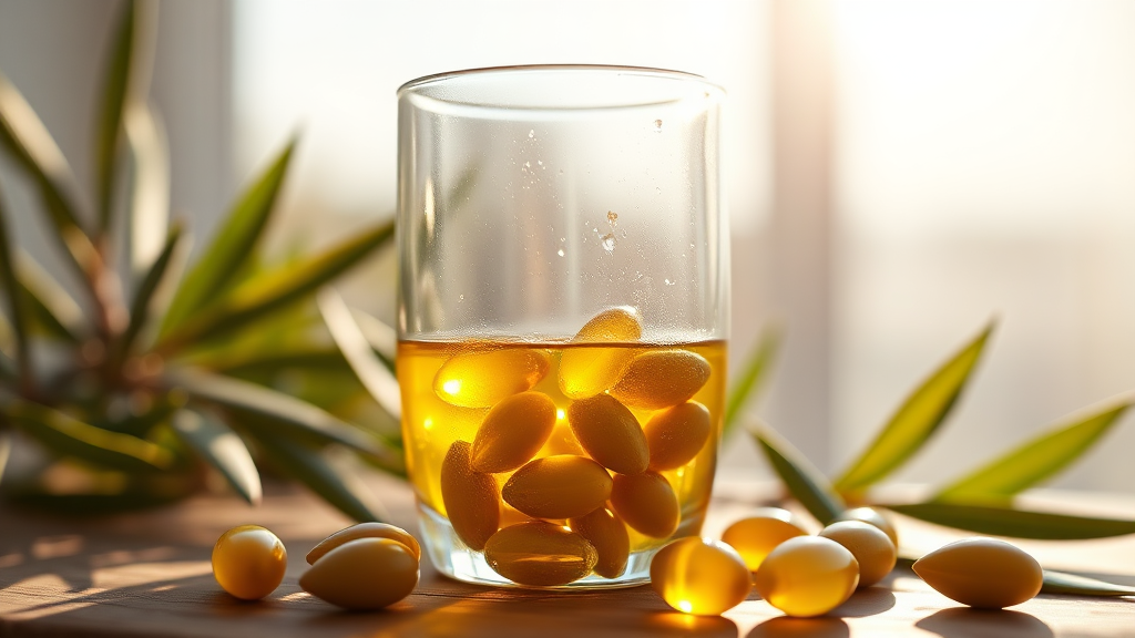 올리브오일 캡슐, 어떻게 섭취해야 가장 효과적일까? (realistic 스타일)