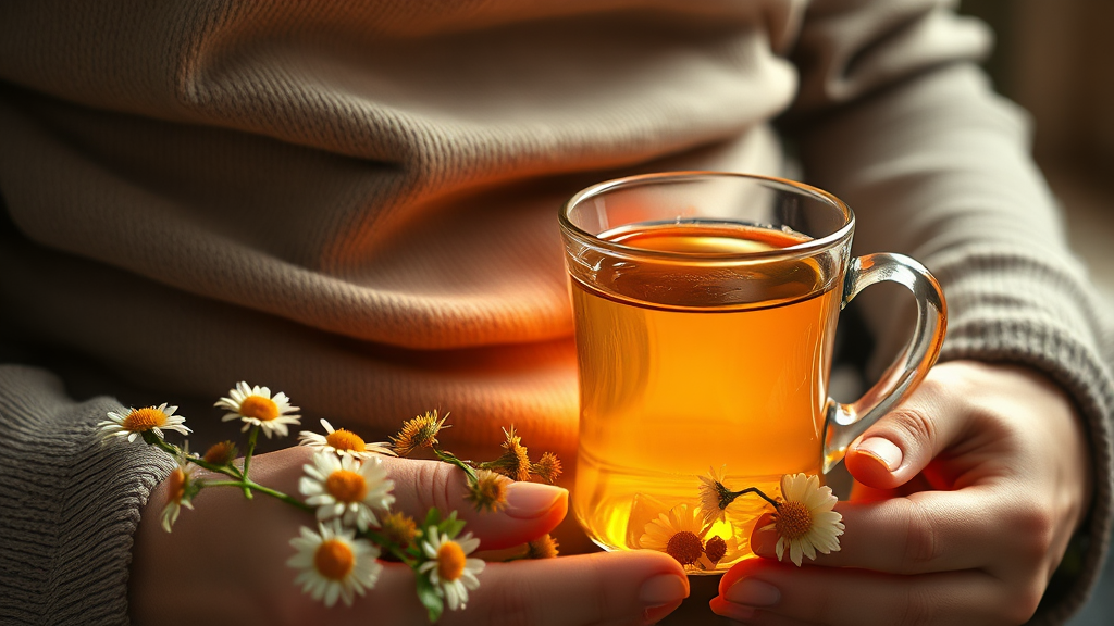 소화 불량 완화와 위 건강을 위한 캐모마일차 활용법 (realistic 스타일)