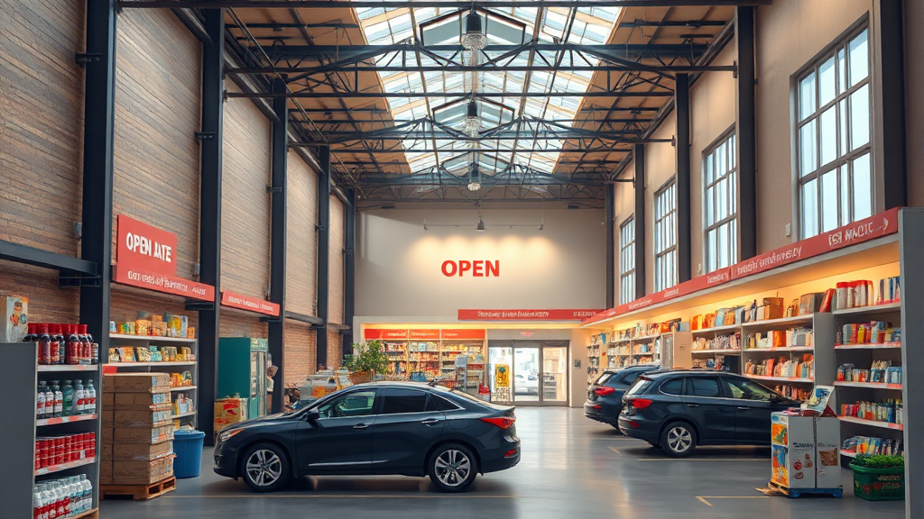 창고형 약국 운영시간 및 편의시설 (realistic 스타일)