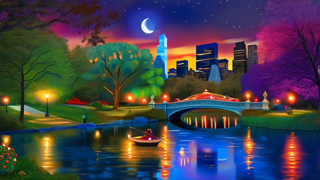 낮보다 아름다운 밤: 센트럴파크 야경과 보트의 조화 (realistic 스타일)