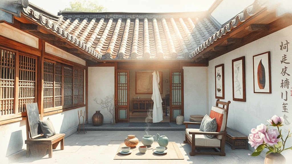 전통과 현대의 조화, 춘운서옥 한옥 카페 (watercolor 스타일)
