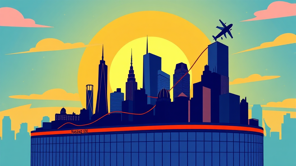 애플, 마이크로소프트, 엔비디아 등 글로벌 빅테크 기업들을 상징하는 아이콘과 나스닥 지수 그래프