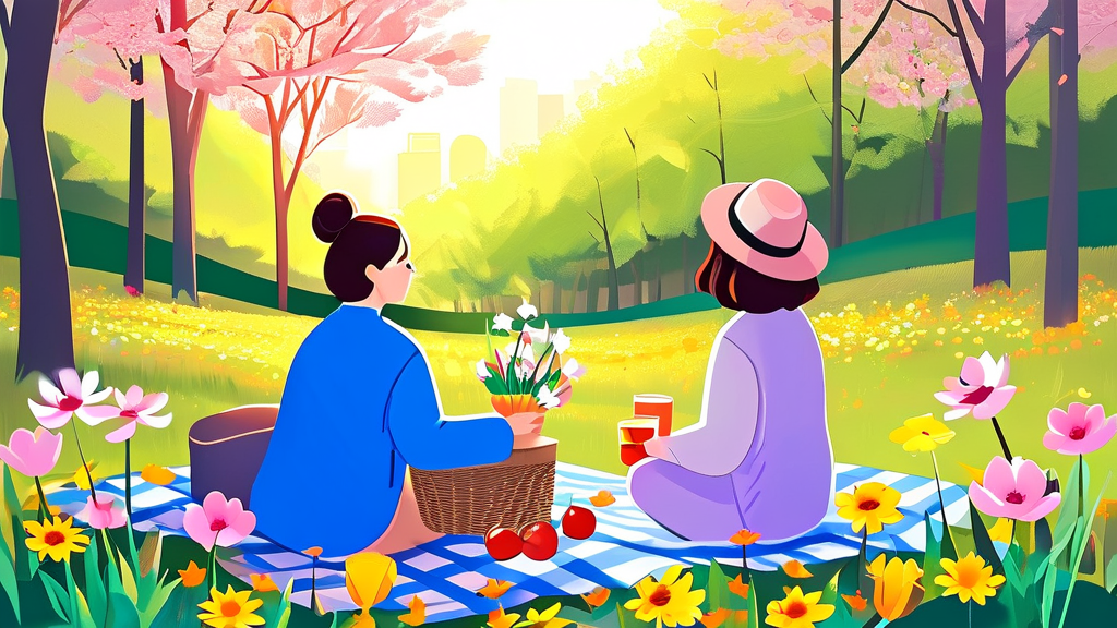 서울숲: 봄꽃과 함께하는 피크닉 천국 (illustration 스타일)