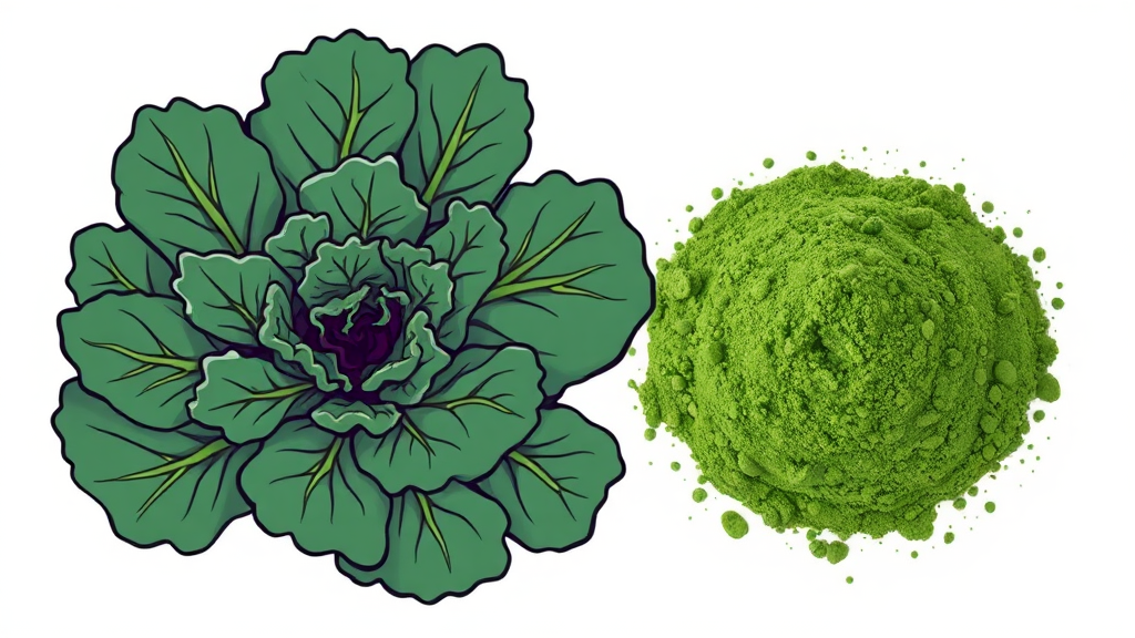 컬리케일 생잎 vs 분말, 비교 분석 (illustration 스타일)