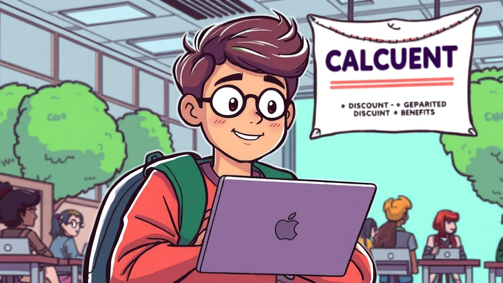 중고 맥북 구매 및 학생 복지 혜택 (cartoon 스타일)