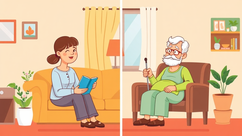 집에서 간병할 때와 요양병원 이용 시 보장 차이 (cartoon 스타일)