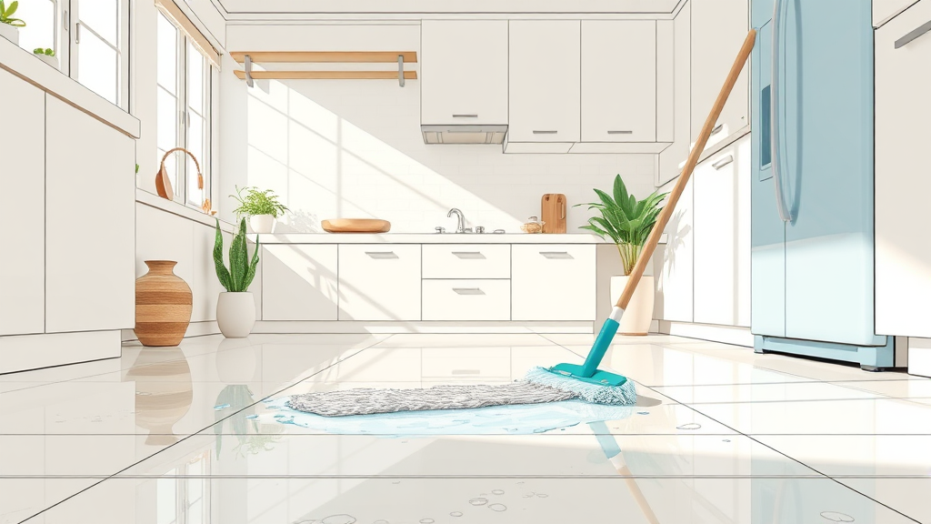 쌀뜨물 활용: 윤기 나는 주방 바닥 만들기 (illustration 스타일)