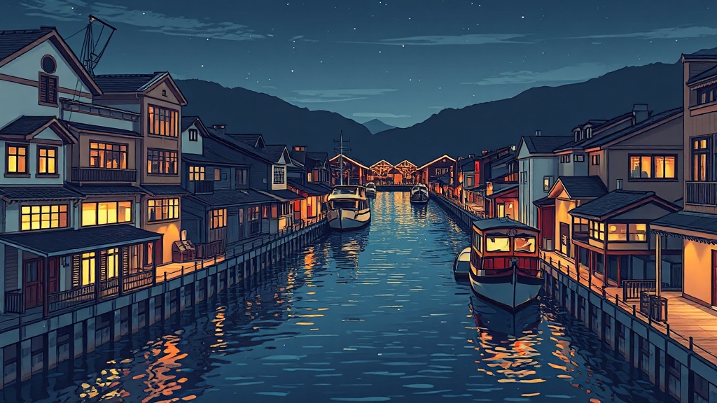 오타루 운하, 낭만 가득한 밤 (illustration 스타일)