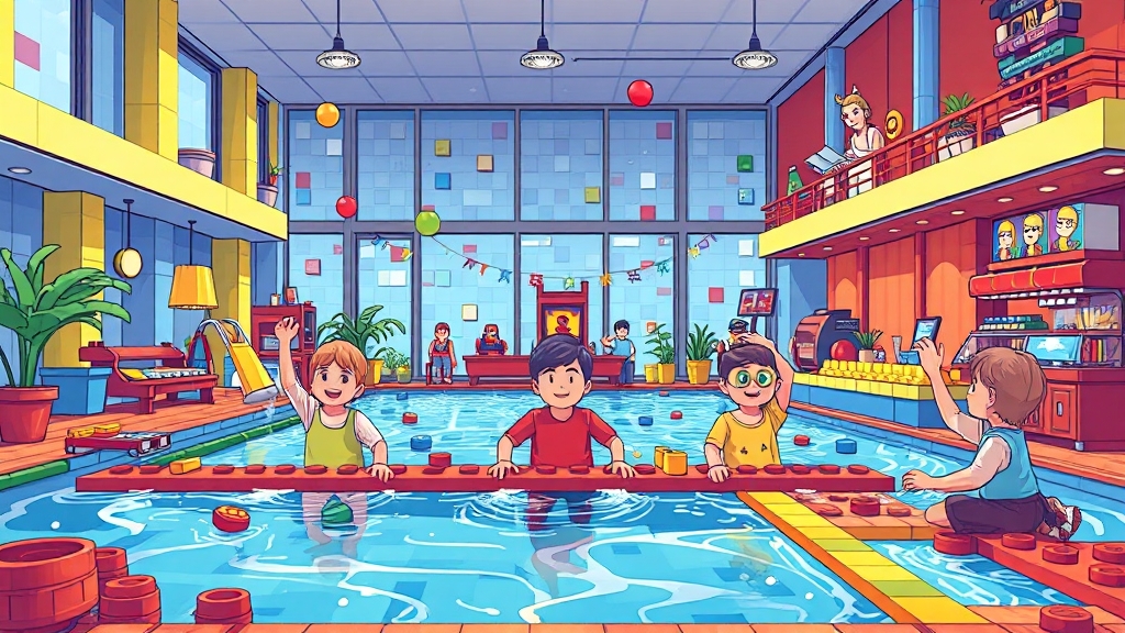 부대시설 및 서비스 (수영장, 식당, 놀이시설) (illustration 스타일)