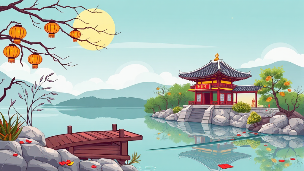 개심사 연못과 대웅보전: 고즈넉한 사찰의 아름다움 (cartoon 스타일)