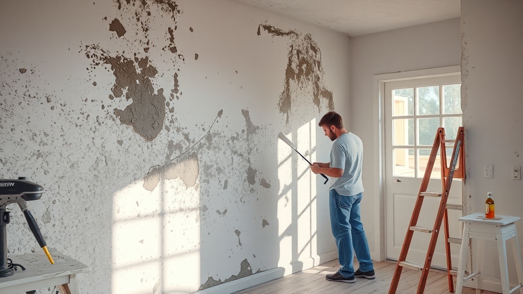 전문 업체의 곰팡이 제거 시공 과정 (realistic 스타일)