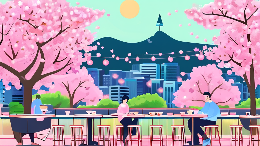 커피 한 잔과 함께 만끽하는 서울의 벚꽃 정취 (illustration 스타일)