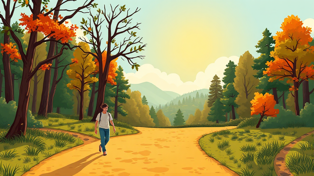 초당산공원 황토 맨발길: 편의시설과 주변 풍경 (cartoon 스타일)