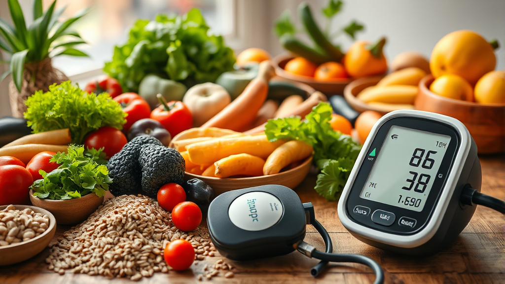 혈압 낮추는 음식: 채소, 과일, 통곡물 (realistic 스타일)