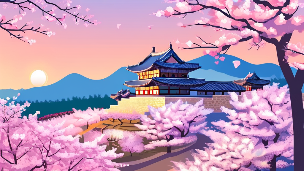 삽교호관광지: 벚꽃과 함께하는 로맨틱한 추억 (illustration 스타일)