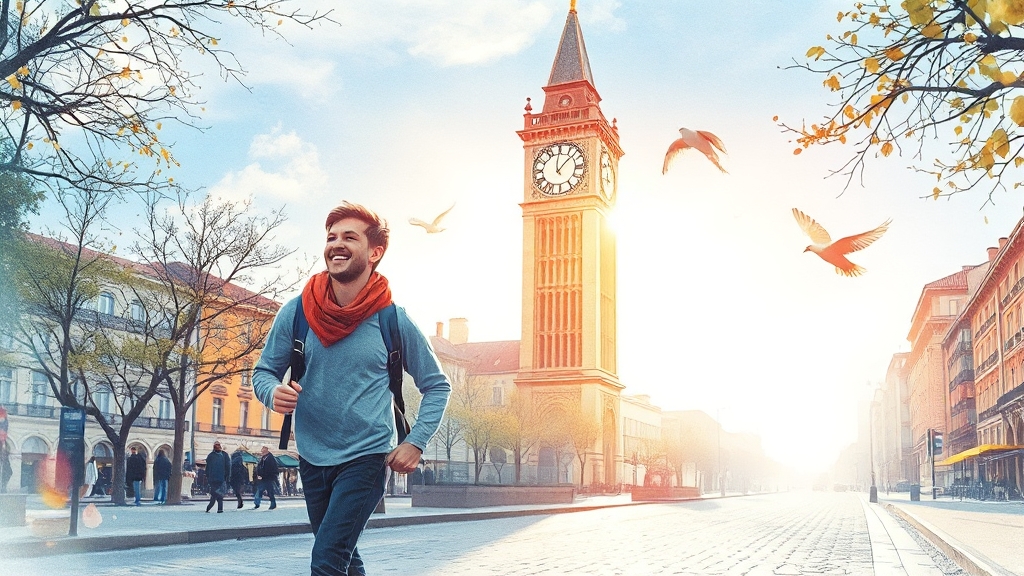 현지 도착 후 햇빛, 활동량, 수면 환경 (watercolor 스타일)