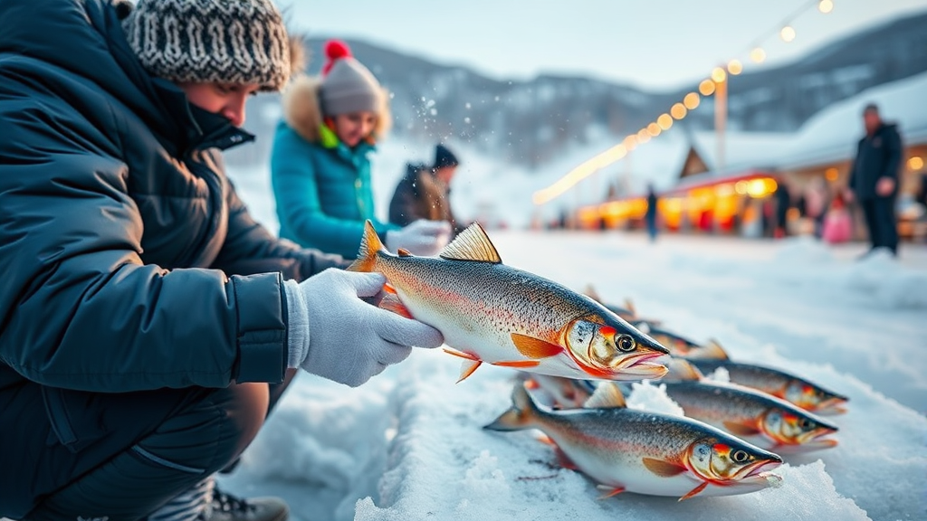 송어 낚시 및 즐길 거리 (realistic 스타일)