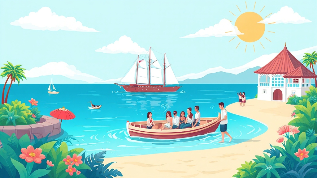 자은도 여행 코스: 해변, 정원, 박물관 (illustration 스타일)