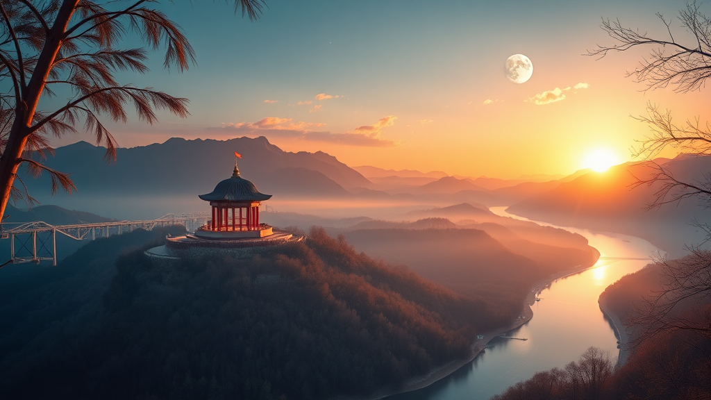 영월의 아름다운 자연과 예술: 젊은달 와이파크와 한반도 지형 (realistic 스타일)