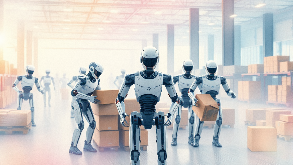 휴머노이드 로봇과 물류 자동화의 결합: 미래 물류의 새로운 지평 (watercolor 스타일)