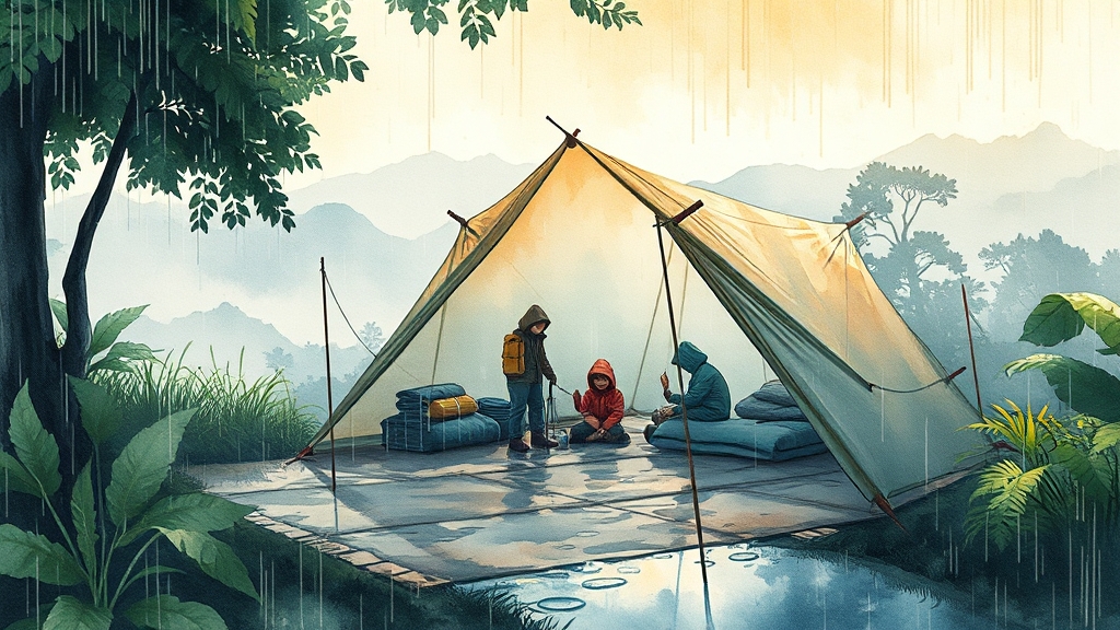 장마철 캠핑 필수 장비: 타프, 매트, 배수 (watercolor 스타일)