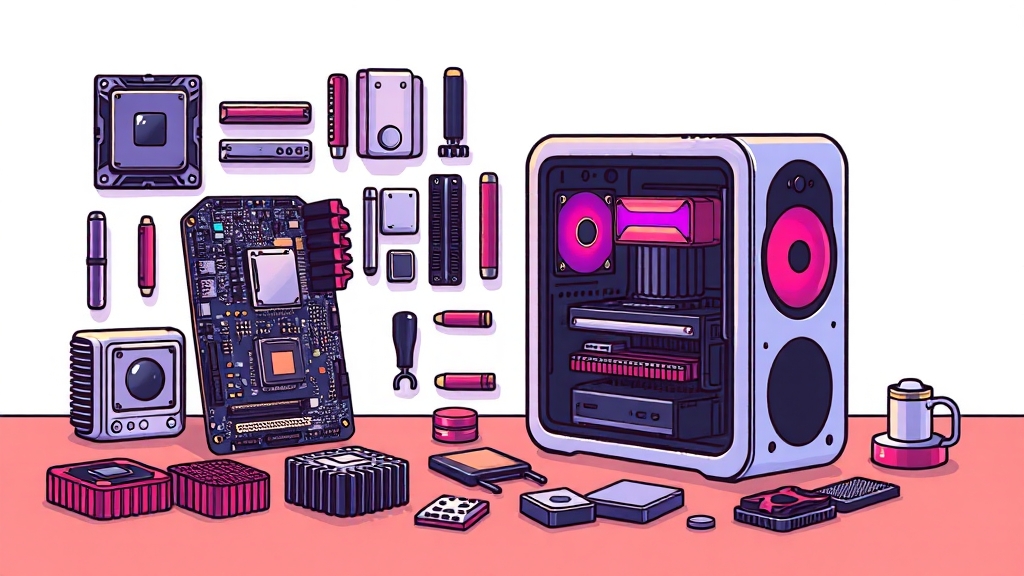 미니 PC 조립에 필요한 부품 (cartoon 스타일)