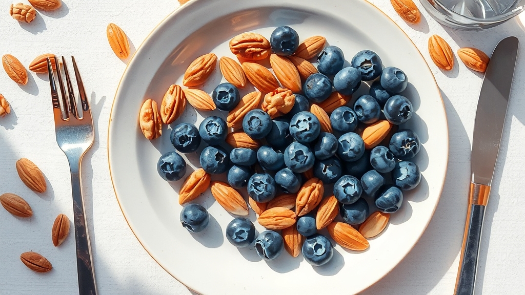 혈당 관리에 좋은 음식: 과일 및 견과류 (realistic 스타일)