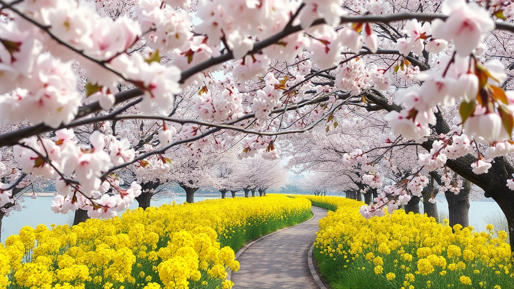 경남 지역 벚꽃 명소: 다채로운 봄꽃 퍼레이드 (realistic 스타일)
