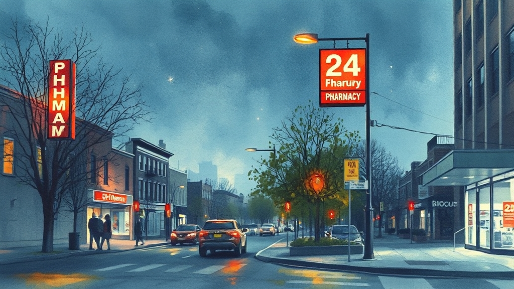 24시 약국, 필요할 땐? (watercolor 스타일)