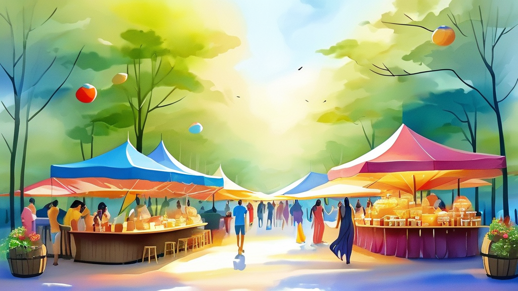 축제 속 즐거움 더하기: 먹거리, 편의시설 및 쇼핑 정보 (watercolor 스타일)