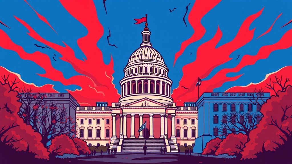 셧다운 원인: 예산안 갈등 심화 (cartoon 스타일)