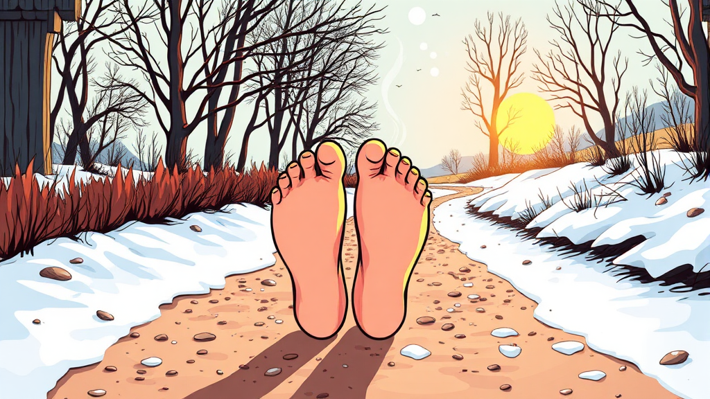 겨울철 맨발걷기 시 주의사항 (cartoon 스타일)