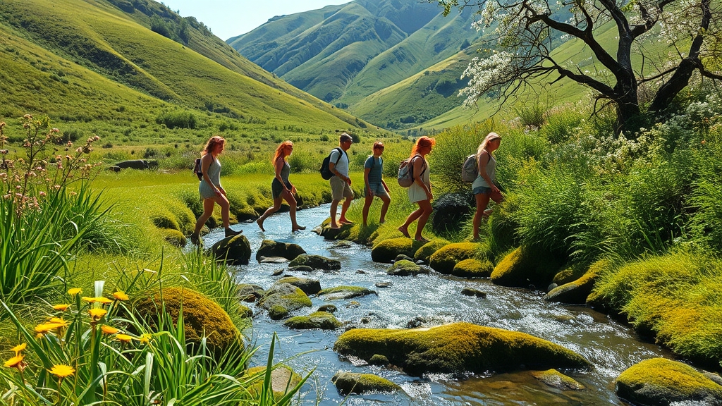 계곡 건너기, 안전 수칙은? (realistic 스타일)