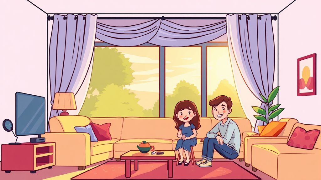 전동 커튼 설치 후 만족도 및 후기 (cartoon 스타일)