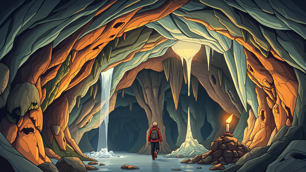 성류굴 내부 탐험: 종유석과 석순의 황홀경 (illustration 스타일)