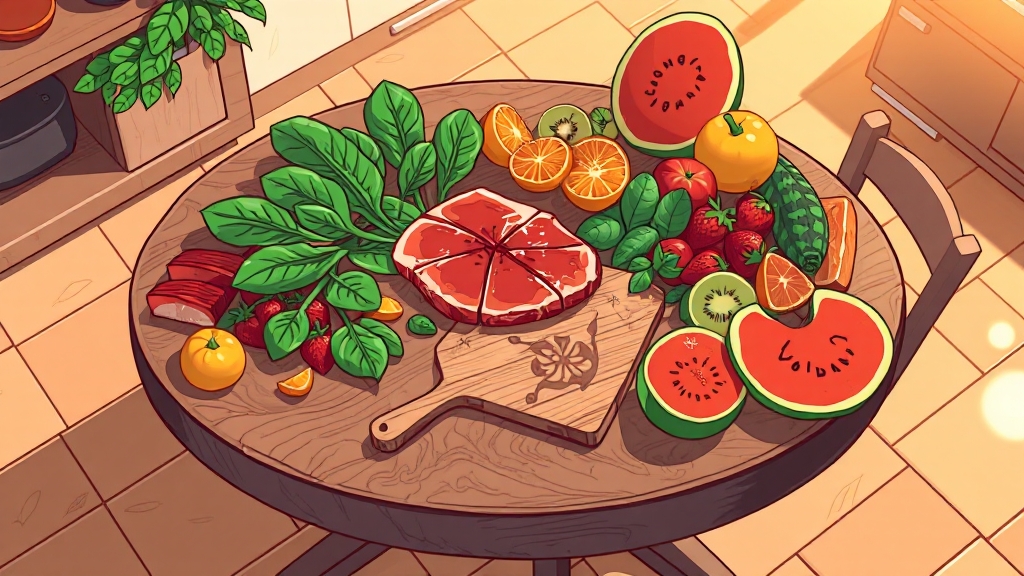 빈혈에 좋은 음식과 영양소 (cartoon 스타일)