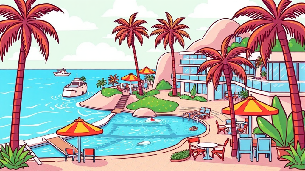 방문객을 위한 완벽한 동선: 주차, 식사, 편의시설 안내 (cartoon 스타일)