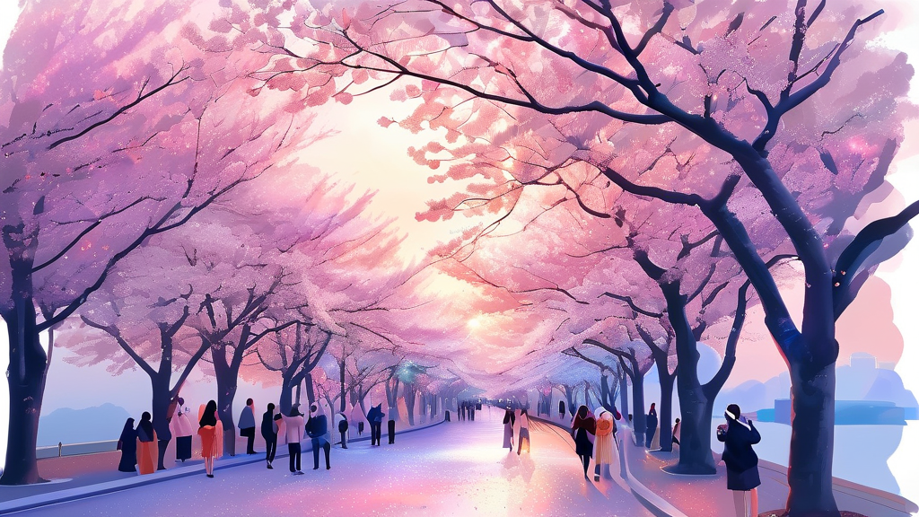 청주 무심천: 벚꽃 축제의 중심 (watercolor 스타일)