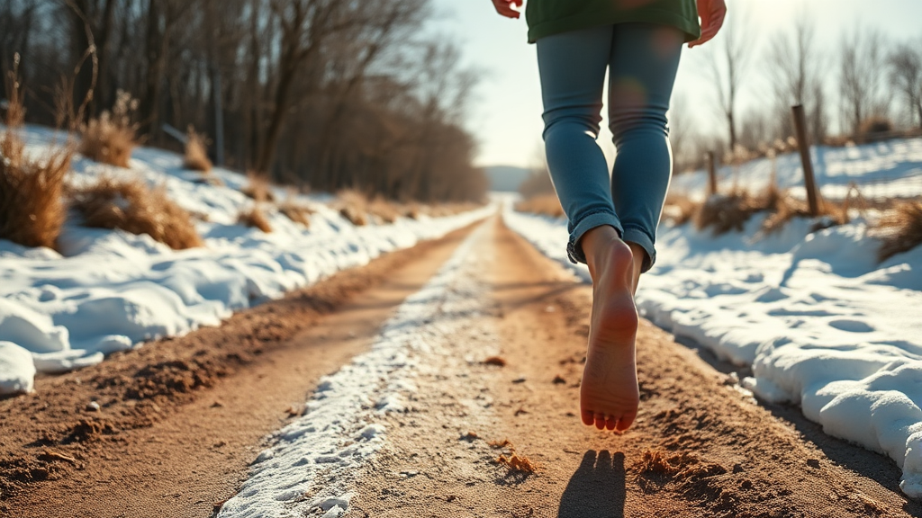 겨울철 맨발걷기 장소 추천 (realistic 스타일)