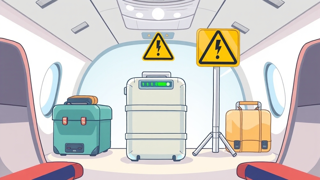 보조배터리 기내 반입 시 주의사항 (cartoon 스타일)