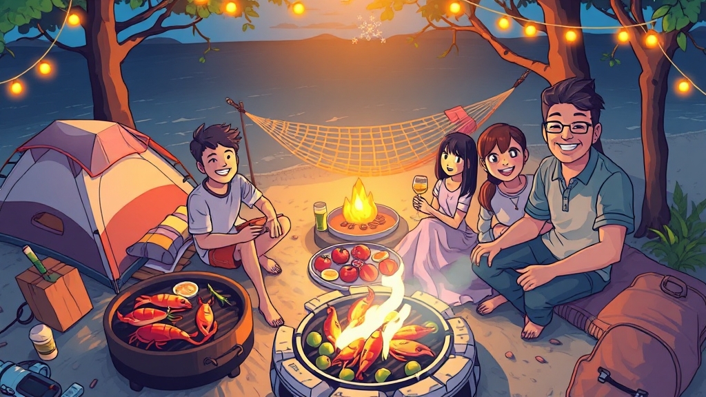 캠핑의 꽃, 맛있는 요리 (cartoon 스타일)