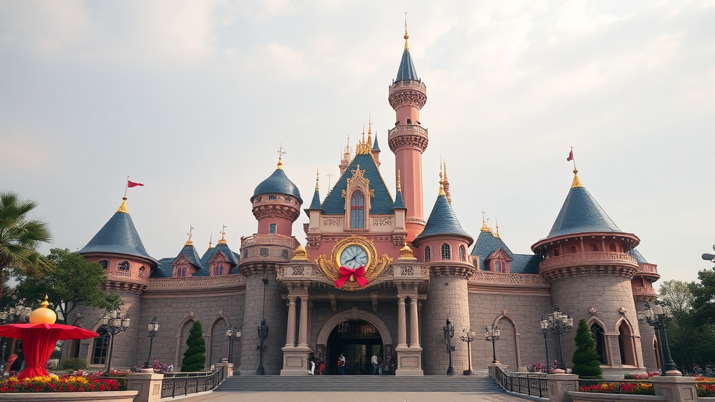 상하이 디즈니랜드 방문 준비물 및 교통 정보 (realistic 스타일)