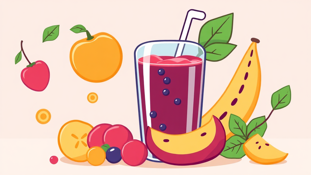 푸룬 주스의 핵심 효능: 변비 개선과 장 건강 (cartoon 스타일)